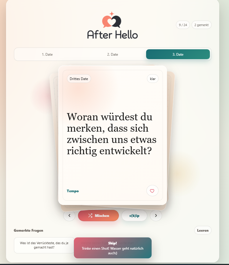 After Hello App mit drittem Date Kartenset