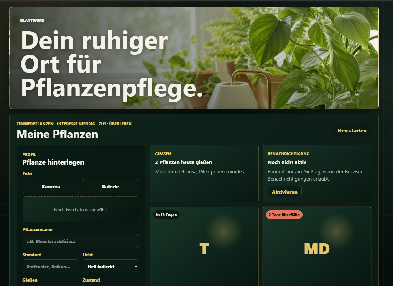 Blattwerk App mit Pflanzenpflege Dashboard