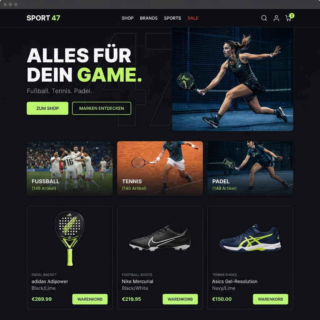 Sportshop Website Halle 47 mit Produktübersicht