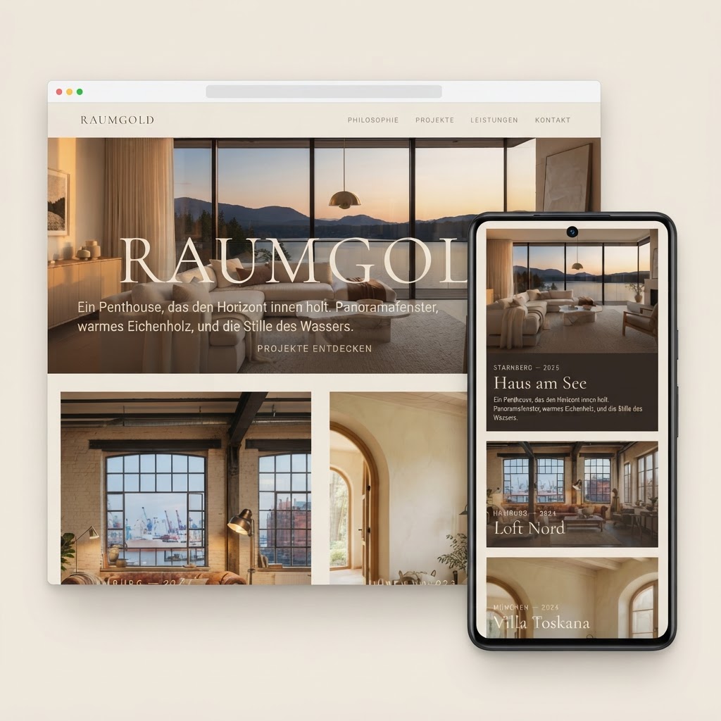 Interior-Design Website Raumgold als Desktop und Mobile Ansicht