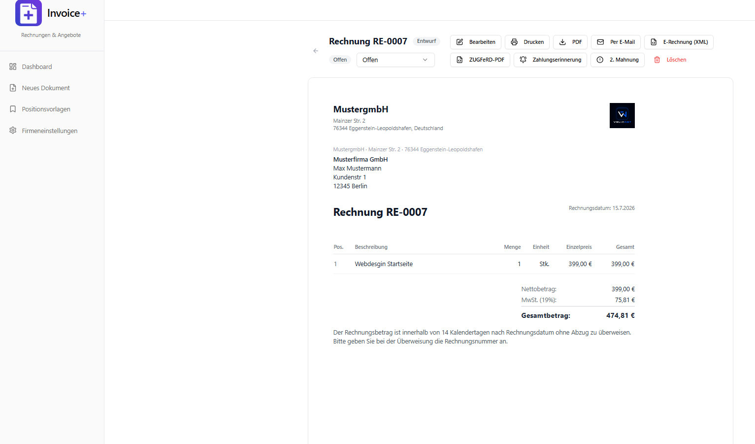 Invoice+ Rechnungsansicht mit Druck, PDF, E-Rechnung und Mahnfunktionen