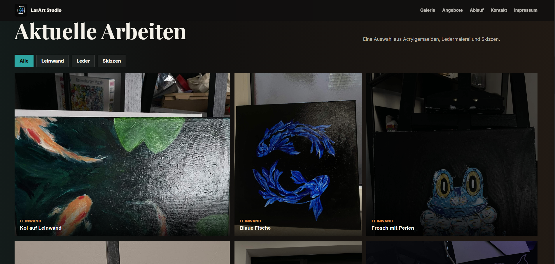 Galerieansicht mit aktuellen Arbeiten der LarArt Studio Website