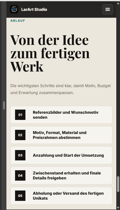 Mobiler Ablaufbereich der LarArt Studio Website