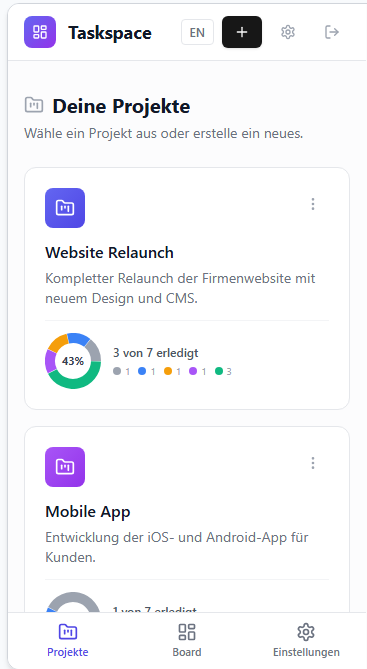 Mobile Ansicht der Taskspace App